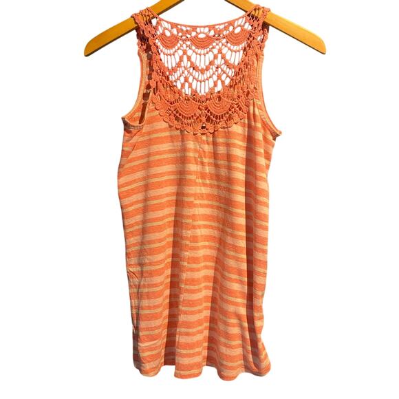 Crochet Back Size Small Tank Top Boho Coral & Peach Striped Lightweight Knit - Picture 2 of 3